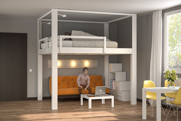 Rising loft bed with electrically adjustable height, in low position