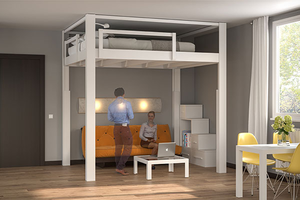 Rising loft bed with electrically adjustable height, in high position