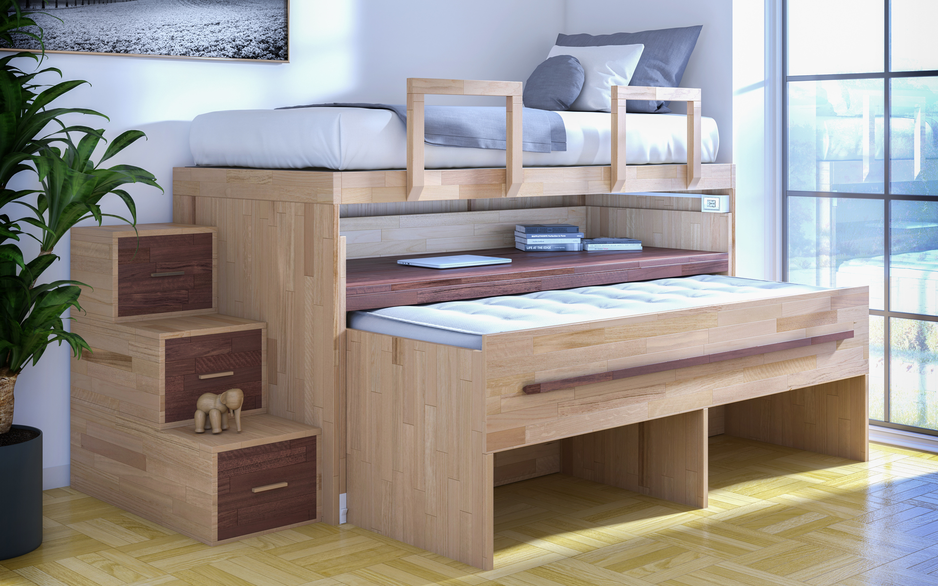 Pull-out SpazioBed: two beds, desk and storage drawers
